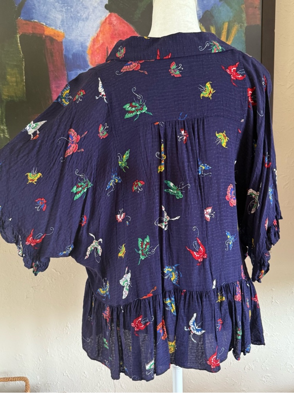Anthropologie Maeve Navy Butterfly Print Button-down Peplum Blouse - Picture 6 of 9